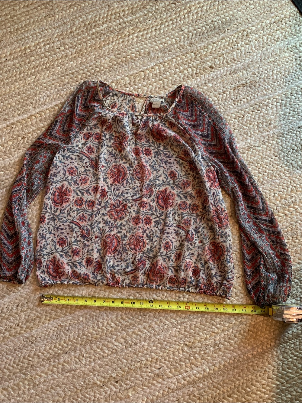Lucky Brand Cream Blouse with Rust Floral and Multicolor Sleeves